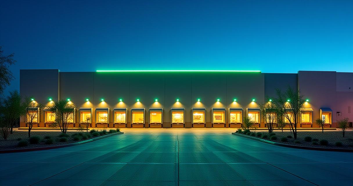 Modern logistics hub in Tucson at dusk